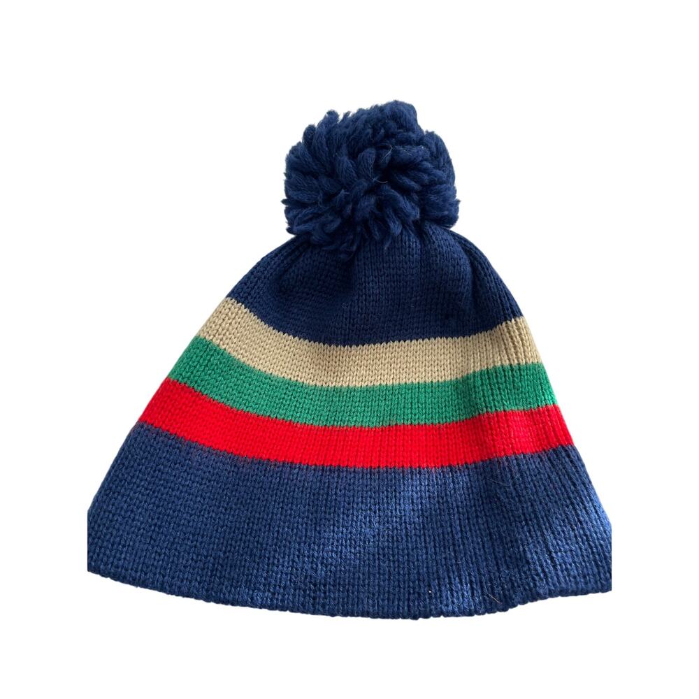 Vintage Snuggler Wool Ski Beanie Pom Pom Blue Striped 70s 80s Retro Made USA
